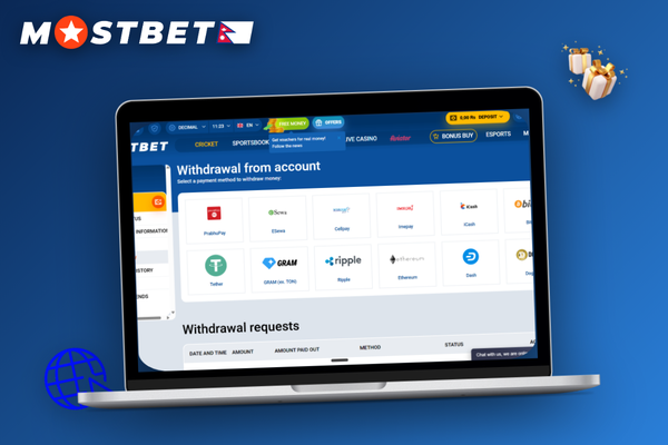 Mostbet affiliate login screen on laptop with reports and payouts sidebar preview