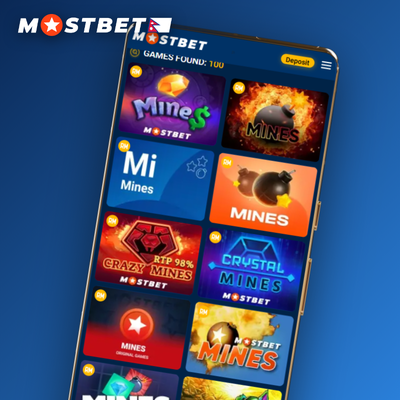 Mostbet Mines balanced-risk tile with four mines spread across the grid and a rising trend line