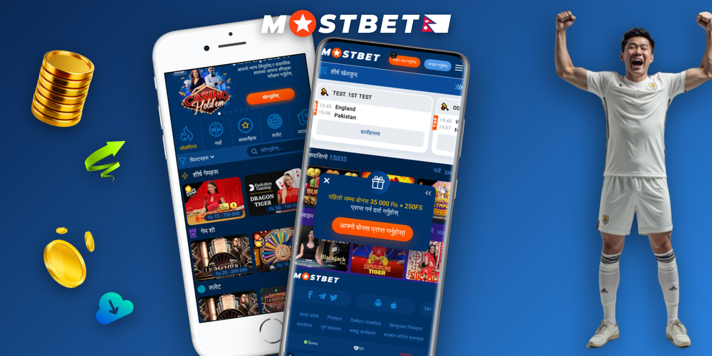 Mostbet Nepal welcome bonus promotion with gold coins and free spins on dark background